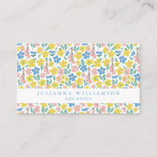 Cartão De Visita Fofo Floral Moderno Azul e Amarelo Ditsy