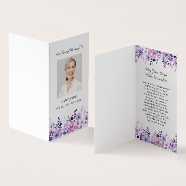 Cartão De Visita Folded Purple Flower Photo Funeral Prayer Card (Interior e exterior)