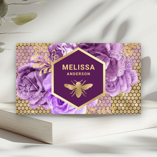 Cartão De Visita Folha de Ouro Floral Roxo Honeycomb Abelha Mel (Criador carregado)
