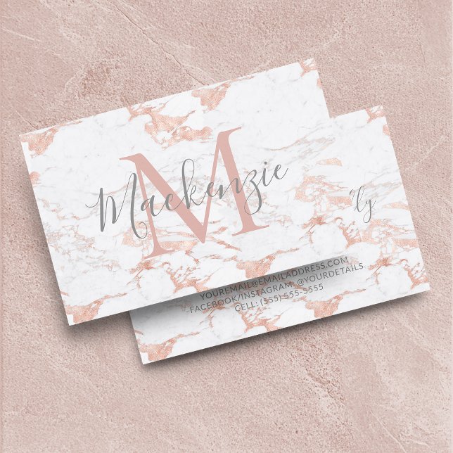 Cartão De Visita Folha de Rosa ouro Elegante | Mármore branco | Mon (Elegant Rose Gold Foil | White Marble | Monogram Business Card)