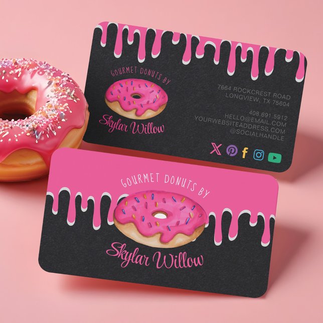 Cartão De Visita Folha de Rosquinhas Rosa Gourmet Sprinkle Pink Dri (Pink Gourmet Sprinkle Donut Pink Drips Bakery Business Card)