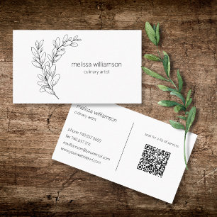 Cartão De Visita Folhagem Minimalista com Código QR 