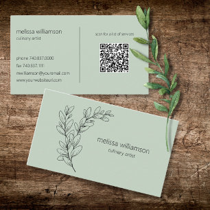 Cartão De Visita Folhagem Minimalista em Verde Sage com Código QR