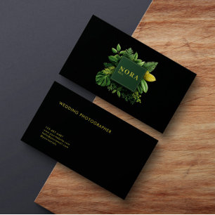 Cartão De Visita Folhagem Verde Exuberante Moldura Preto Dourado Bo