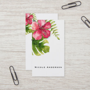 Cartão De Visita Folhas de Hibisco Tropical Branco Floral Chic Eleg