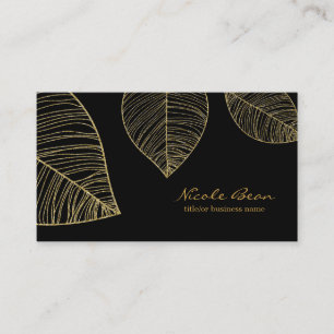 Cartão De Visita Folhas de Ouro em Preto Elegante Glam Profissional