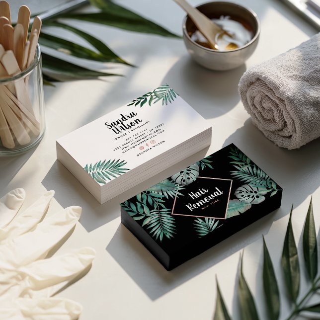 Cartão De Visita Folhas de rosa dourado, cor verde-tropical, preto (Rose gold black tropical green watercolor leaves)