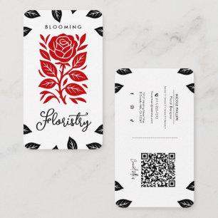 Cartão De Visita Folhas de Rosa Vermelha e Preta Floral QR de Mídia