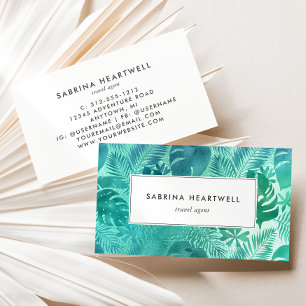 Cartão De Visita Folhas Tropicais de Monstera Azul Turquesa Glam