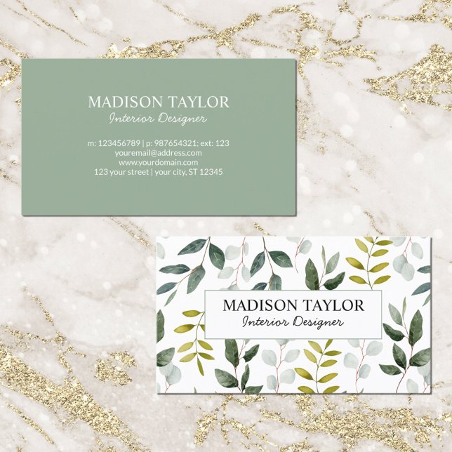 Cartão De Visita Folhas tropicais Eucalyptus verdes monogramadas (Front and Back)