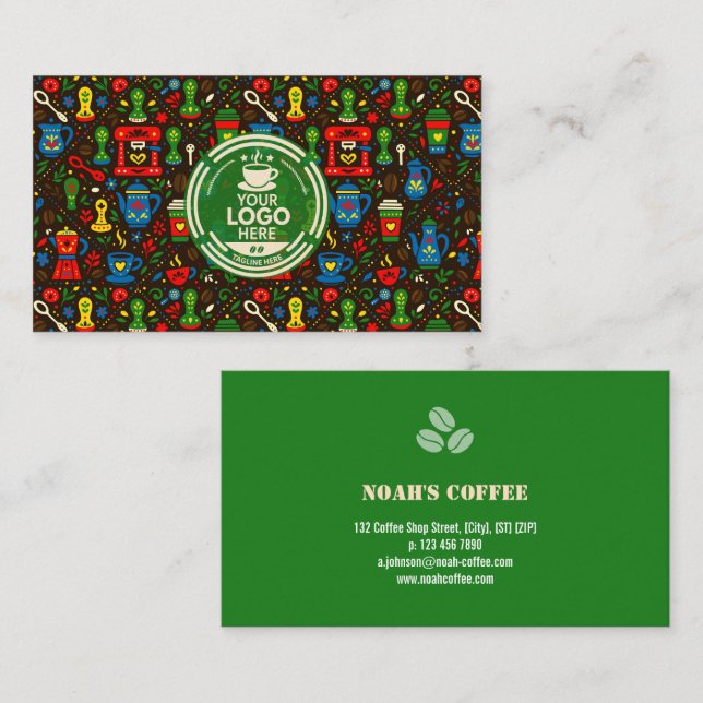 Cartão De Visita Folk coffee logo badge with green contact back (Frente/Verso)