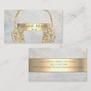 Cartão De Visita Fones de Ouvido DJ Glitter Dourado Holográfico Opa