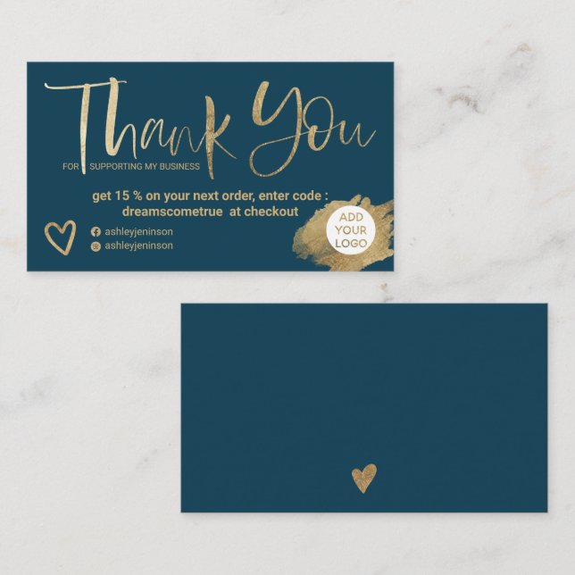 Cartão De Visita Fonte do pincel dourado marinho obrigado de ordem  (Frente/Verso)