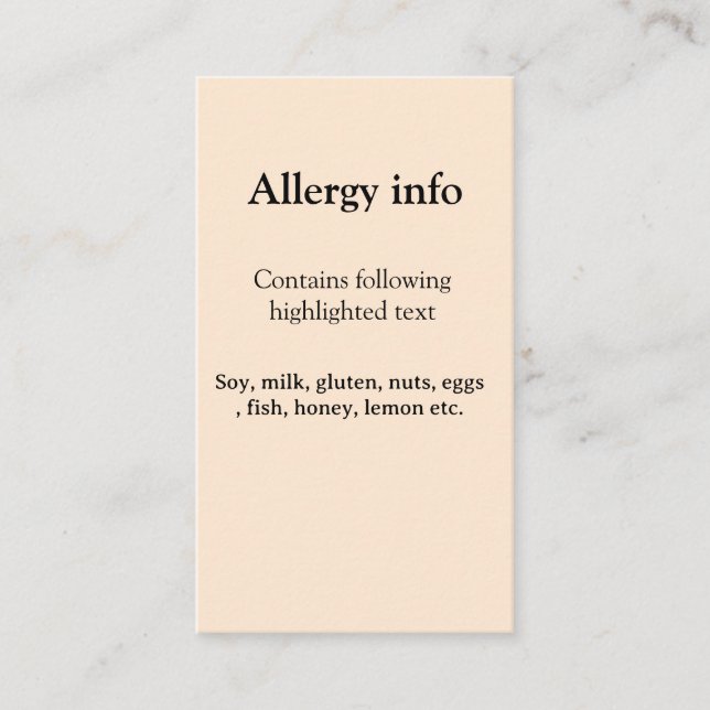Cartão De Visita Food allergy alert add name text food items invita (Frente)