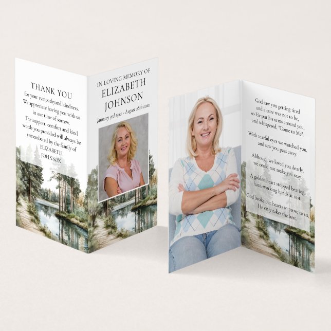 Cartão De Visita Forest Funeral Memorial 2 Photo Prayer Poem Cards (Interior e exterior)