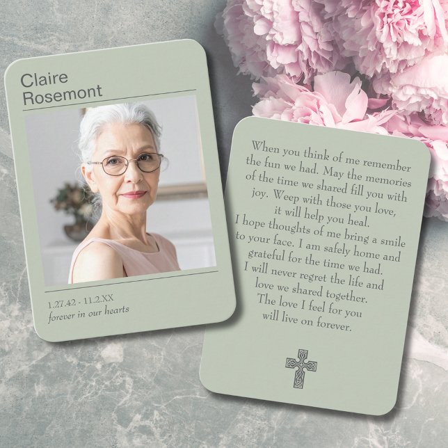Cartão De Visita Forever In Our Hearts Sage Green Photo Prayer Card (Forever In Our Hearts Sage Green Photo Prayer Card
)