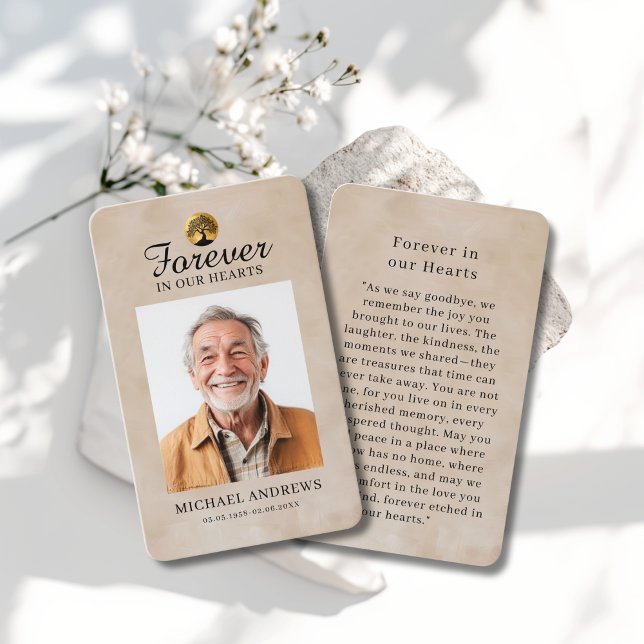 Cartão De Visita "Forever in our Hearts" Tree of Life Photo Prayer  ("Forever in our Hearts" Tree of -Life Photo Prayer Beige Custom Card)