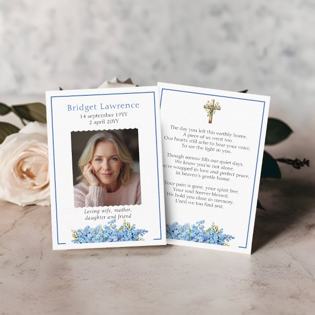 Cartão De Visita Forget-me-not Flower Memorial Photo Prayer Card (Criador carregado)