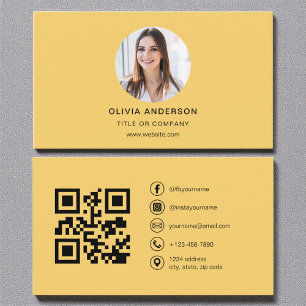 Cartão De Visita Foto amarela moderna com código QR Mídia social