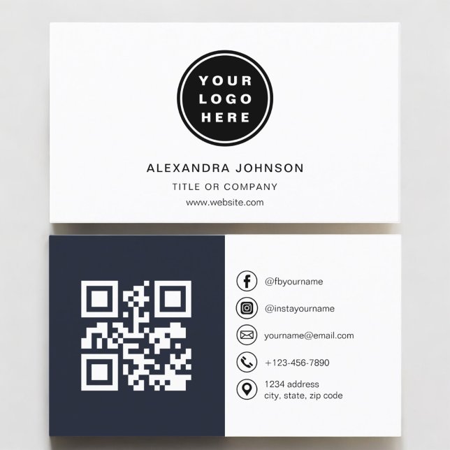 Cartão De Visita Foto azul marinho com código QR Mídia social (Criador carregado)
