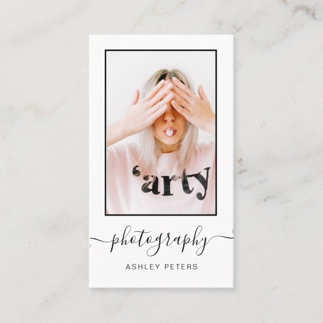 Cartão De Visita Foto branca do roteiro do preto moderno da (Frente)