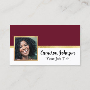 Cartão De Visita Foto com Letra Elegante e Dourado em Burgundy
