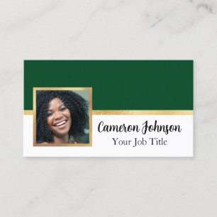 Cartão De Visita Foto com Letra Elegante e Dourado em Verde Florest