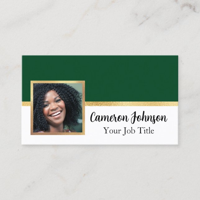 Cartão De Visita Foto com Letra Elegante e Dourado em Verde Florest (Frente)