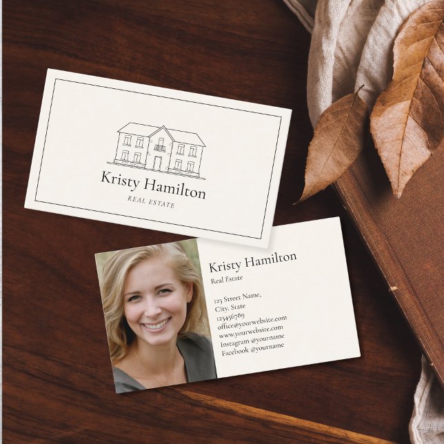 Cartão De Visita foto da casa de imóveis profissional elegante (elegant black house logo on the beige background, simple minimalist style)