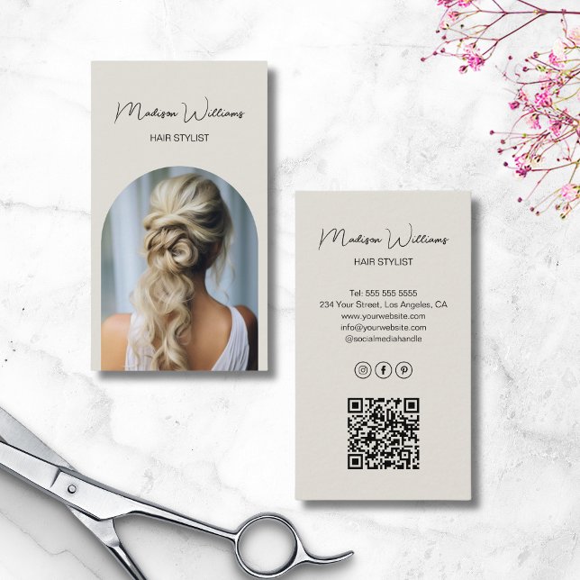 Cartão De Visita Foto de Arco Moderno Hair Stylist Neutra (Hair Stylist Modern Arch Photo Neutral Business Card)