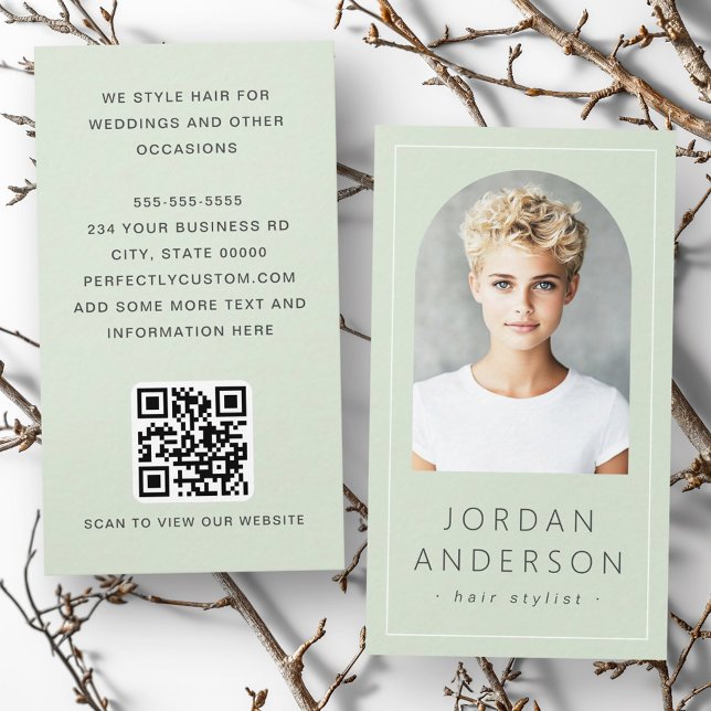 Cartão De Visita Foto de arco moderno limite fino QR código verde c (Modern arch photo thin border QR code light green Business Card)