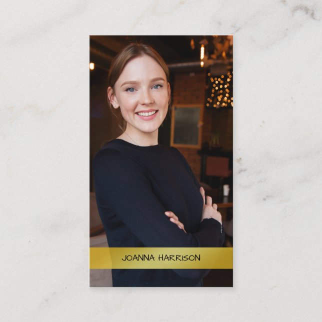 Cartão De Visita Foto de Banda Dourada Metálica Moderna Elegante Mi (Frente)