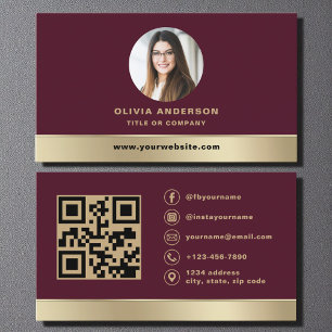Cartão De Visita Foto de Código QR com Logotipo Elegante em Burgund