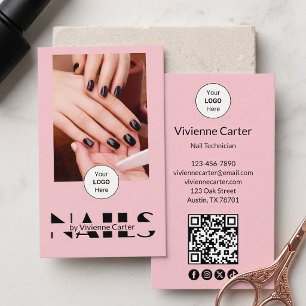 Cartão De Visita Foto de Código QR de Logo Preto Rosa Corado Salão