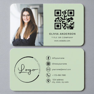 Cartão De Visita Foto de Código QR Verde Salvia