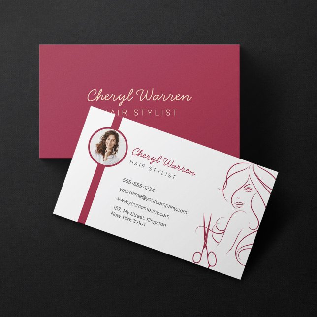 Cartão De Visita Foto de Hairstylist Moderna Elegante Vermelho Bran (Criador carregado)