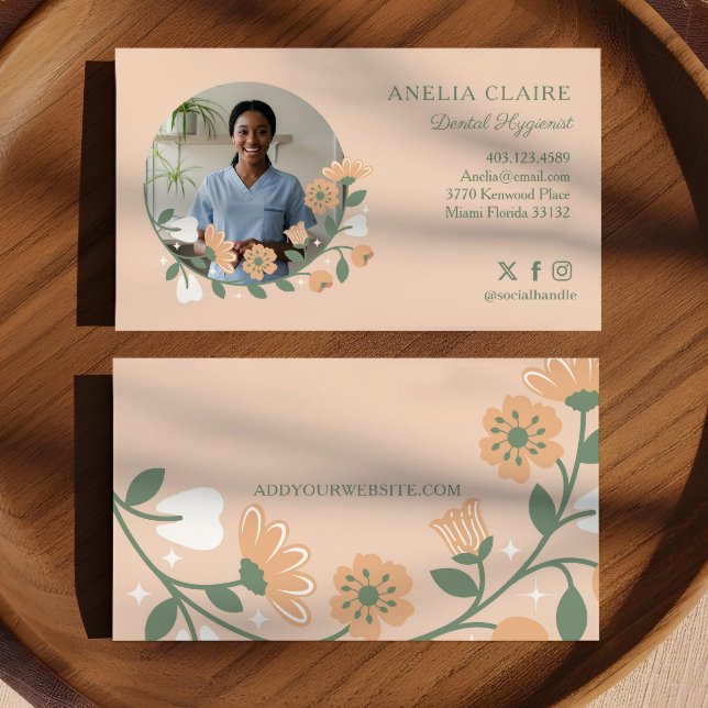 Cartão De Visita Foto de Higienista Dental de Emergência Floral Ele (Elegant Floral Blooming Dental Hygienist Photo Business Card)