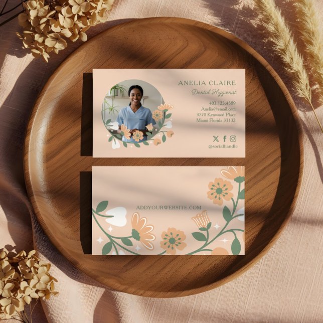 Cartão De Visita Foto de Higienista Dental de Emergência Floral Ele (Elegant Floral Blooming Dental Hygienist Photo Business Card)