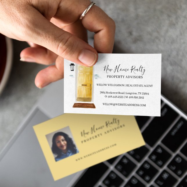 Cartão De Visita Foto de Imobiliário de Porta Frontal Amarela (Yellow Watercolor Front Door Real Estate Photo Business Card)