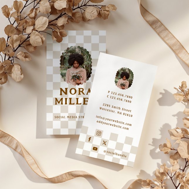 Cartão De Visita Foto de Influenciador de Mídia Social com Estampa  (Checkered Pattern Social Media Influencer Photo Business Card)