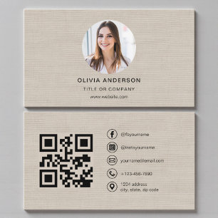 Cartão De Visita Foto de Linho Bege com Código QR para Mídia Social