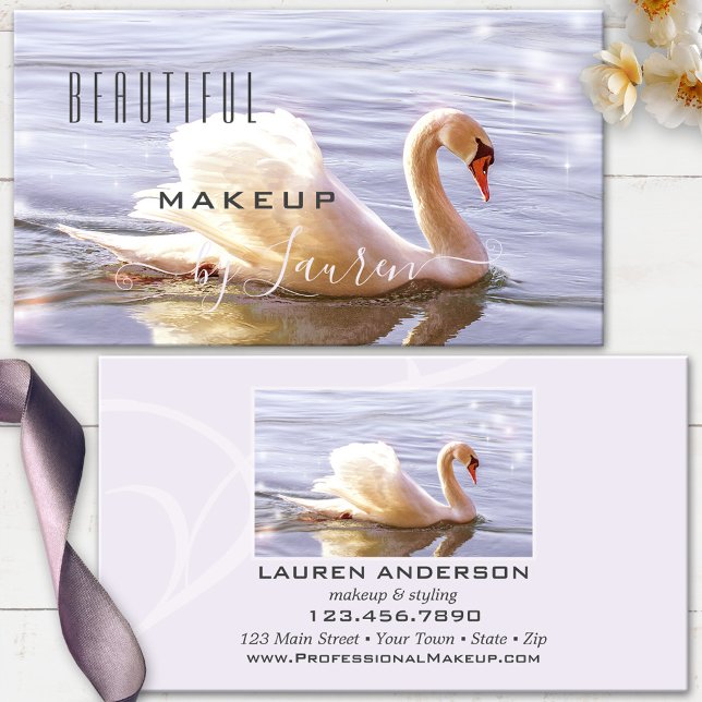 Cartão De Visita Foto de maquiagem de Swan Beleza Profissional (Business card featuring a beautiful swan in sparkling water - beautician, makeup artist, stylist)
