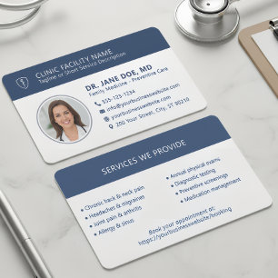 Cartão De Visita Foto de Médico Moderno Azul Marinho Clínica