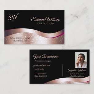 Cartão De Visita Foto de Monograma Preto de Decor Dourado Rosa de L