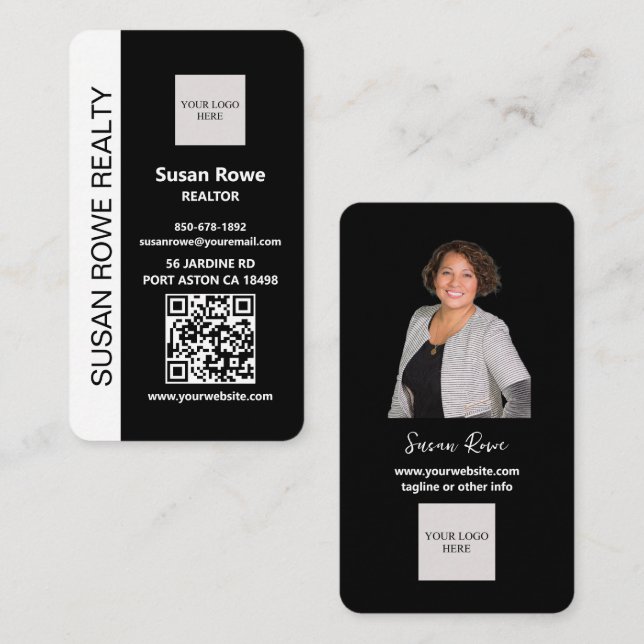 Cartão De Visita Foto de QR Code Moderno Preto e Branco (Frente/Verso)