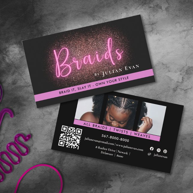 Cartão De Visita Foto de salão de freio preto e branco-rosa (Chic Black and Neon Pink Hair Braiding Salon Photo Business Card)