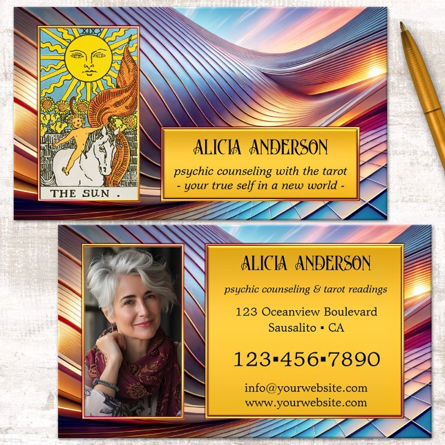 Cartão De Visita Foto de Tarot Visionário Psicológico Espiritual (Tarot business card featuring a colorful visionary abstract metallic design with your custom photos)