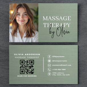 Cartão De Visita Foto de Terapeuta de Massagem em Verde Sage Metáli