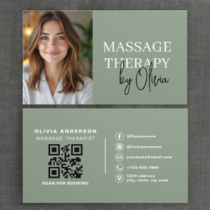 Cartão De Visita Foto de Terapeuta de Massagem Luxo Verde Salvia