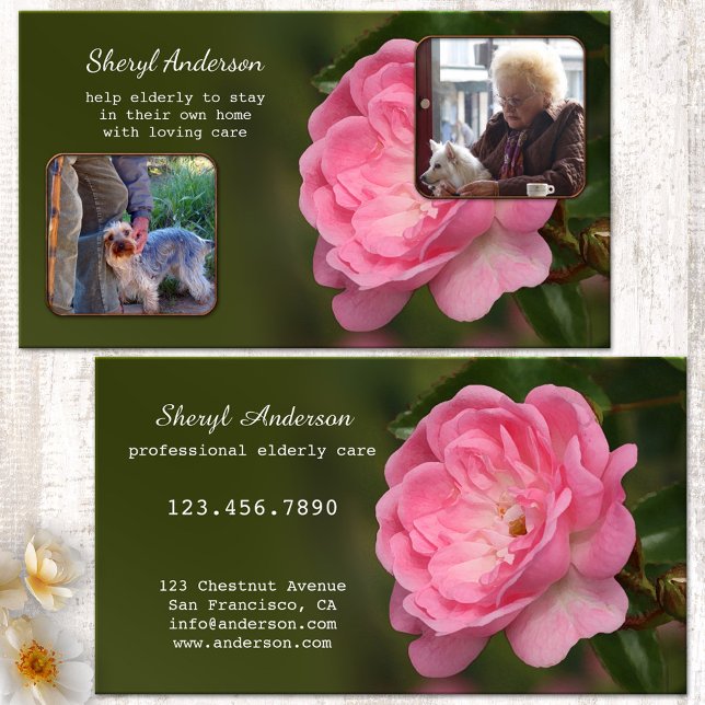 Cartão De Visita Foto de tratamento de idosos profissionais (Professional elderly or senior citizen care business card showing two photos on green - pink flower)
